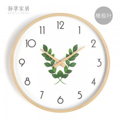 静享家居 北欧艺术挂钟客厅现代简约超静音时钟绿色植物创意实木质钟表