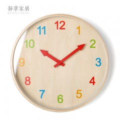 静享家居 挂钟儿童房原木质彩色日式北欧时钟实木石英钟表挂表简约现代静音