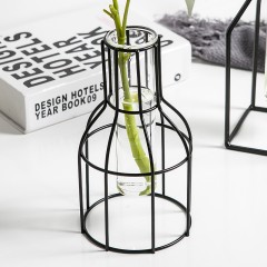 国产 北欧风铁艺几何透明玻璃花瓶绿萝水培小干花插花客厅家居装饰摆件