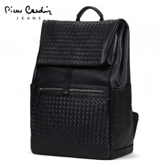 皮尔卡丹 双肩包男真皮编织新款休闲旅行背包书包休闲电脑包
