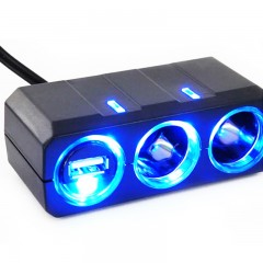 YAC 车用点烟器插座 一拖二带灯一米延长线 PZ-610