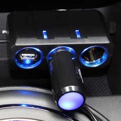 YAC 车用点烟器插座 一拖二带灯一米延长线 PZ-610