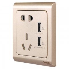 施耐德 开关插座 面板 轻逸金色 10A五孔电源带开关插座 带双USB