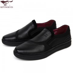 七匹狼 男鞋头层牛皮男士日常休闲舒适套脚真皮黑色皮鞋子