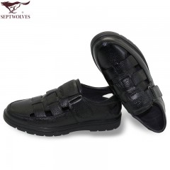 七匹狼 皮凉鞋男士头层牛皮时尚休闲男鞋透气黑色夏季真皮鞋子