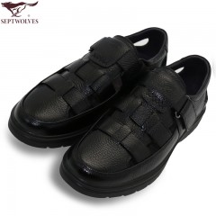 七匹狼 皮凉鞋男士头层牛皮时尚休闲男鞋透气黑色夏季真皮鞋子