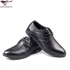 七匹狼 男鞋日常休闲鞋头层软牛皮系带低帮蓝色男士真皮鞋子