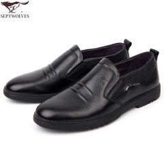 七匹狼 男鞋头层牛皮防褶皱设计男士时尚休闲黑色套脚真皮皮鞋
