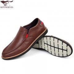 七匹狼 男鞋头层牛皮男士商务休闲舒适真皮时尚套脚软面皮鞋子