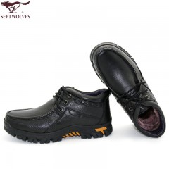 七匹狼 棉鞋冬季头层牛皮男士工装加绒保暖高帮真皮毛皮鞋