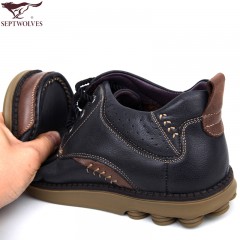 七匹狼 棉鞋男鞋冬季头层牛皮男士复古工装加绒保暖高帮真皮毛皮鞋