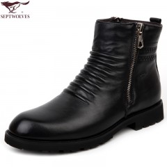 七匹狼 棉鞋防褶邹头层牛皮高帮鞋拉链男士皮靴真皮毛皮鞋短靴