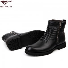 七匹狼 棉鞋防褶邹头层牛皮高帮鞋拉链男士皮靴真皮毛皮鞋短靴