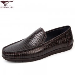 七匹狼 男鞋压花格纹头层牛皮男士套脚时尚商务休闲 舒适耐磨