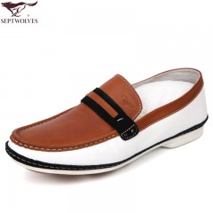 七匹狼 男鞋头层牛皮时尚潮流日常休闲男士套脚真皮白底皮鞋子