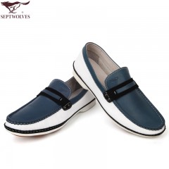 七匹狼 男鞋头层牛皮时尚潮流日常休闲男士套脚真皮白底皮鞋子