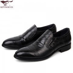 七匹狼 男鞋头层牛皮打孔防褶皱男士商务正装套脚黑色真皮皮鞋