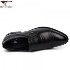 七匹狼 男鞋头层牛皮打孔防褶皱男士商务正装套脚黑色真皮皮鞋