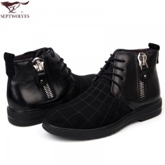 七匹狼 棉鞋冬季磨砂头层牛皮拉链真皮高帮男士毛皮鞋子