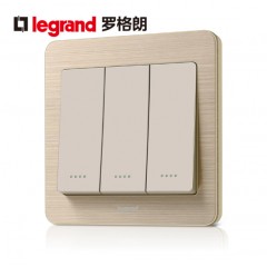 罗格朗 开关面板三开双控开关带荧光 细金纹3开双控面板带荧光