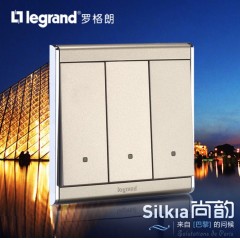 罗格朗 开关插座尚韵缎沙金86型三位双控面板 三开双控荧光