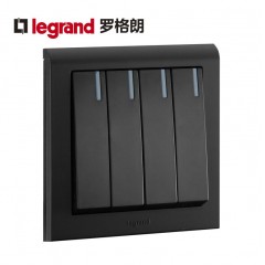 罗格朗 黑色家用四开双控带LED指示灯4开四位四联双控开关面板