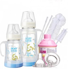 爱得利 玻璃奶瓶宽口径高硼硅奶瓶新生儿带吸管防摔保护套装WG-16