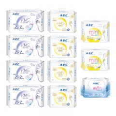 ABC  卫生巾女棉柔亲肤夜用日用姨妈巾组合套装11包82片整箱 送1包