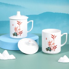 顺祥 陶瓷中式马克杯带盖会议杯大容量老板杯办公室喝水杯家用泡茶杯子 节节高清雅盖杯（322ml） 单位：个